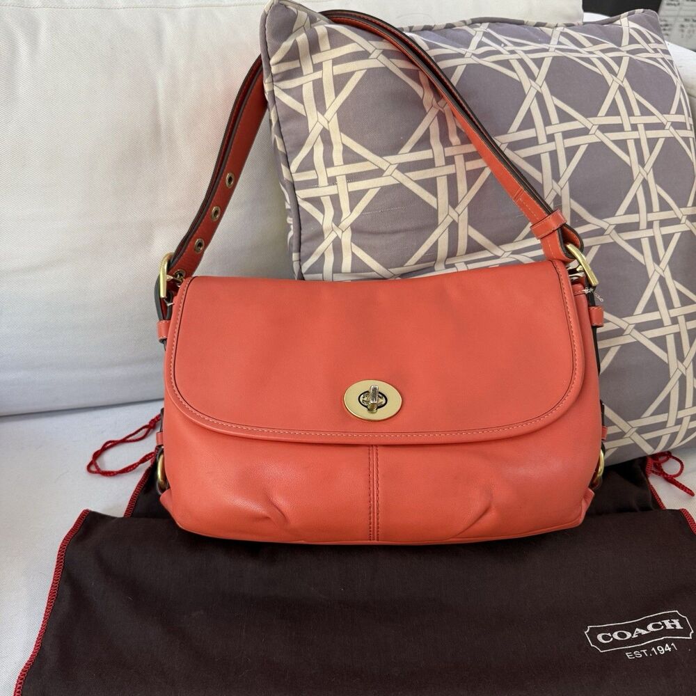 Coach Medium Flap Duffle Bag Leather Shoulder Crossbody Orange Coral Z23987